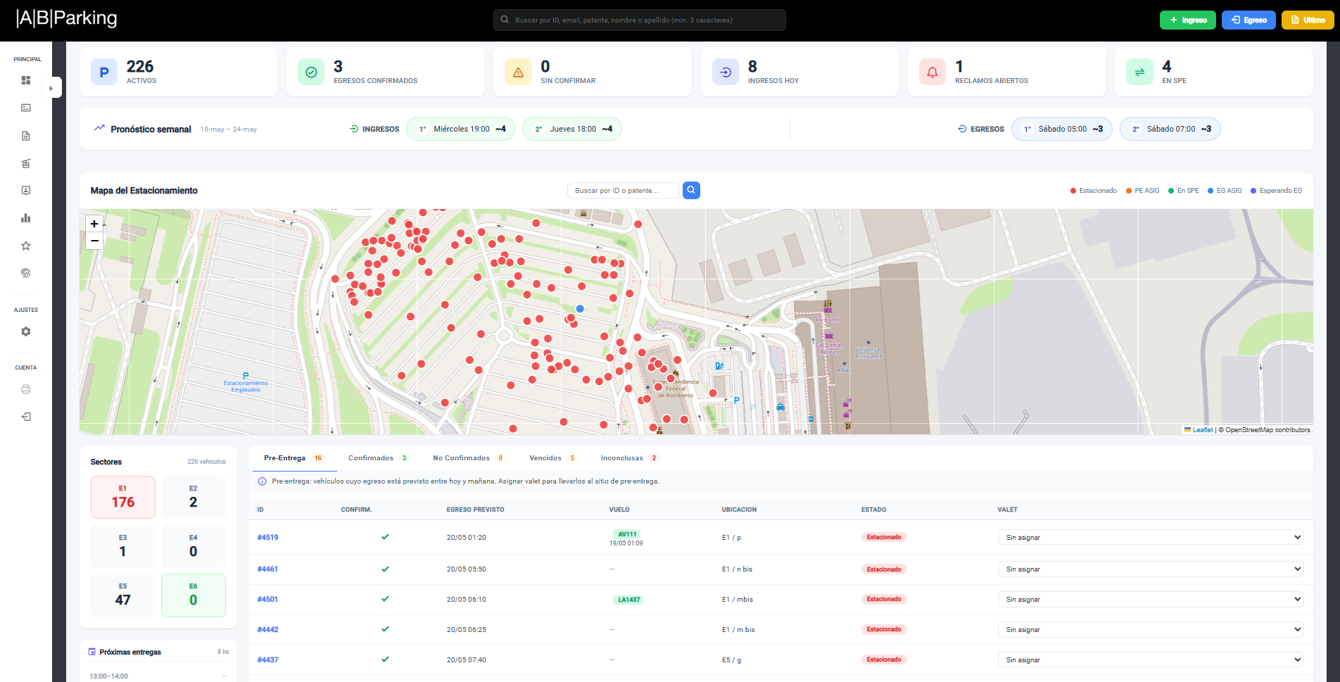 Sistema de gestión interno de AB Parking mostrando la trazabilidad de las operaciones